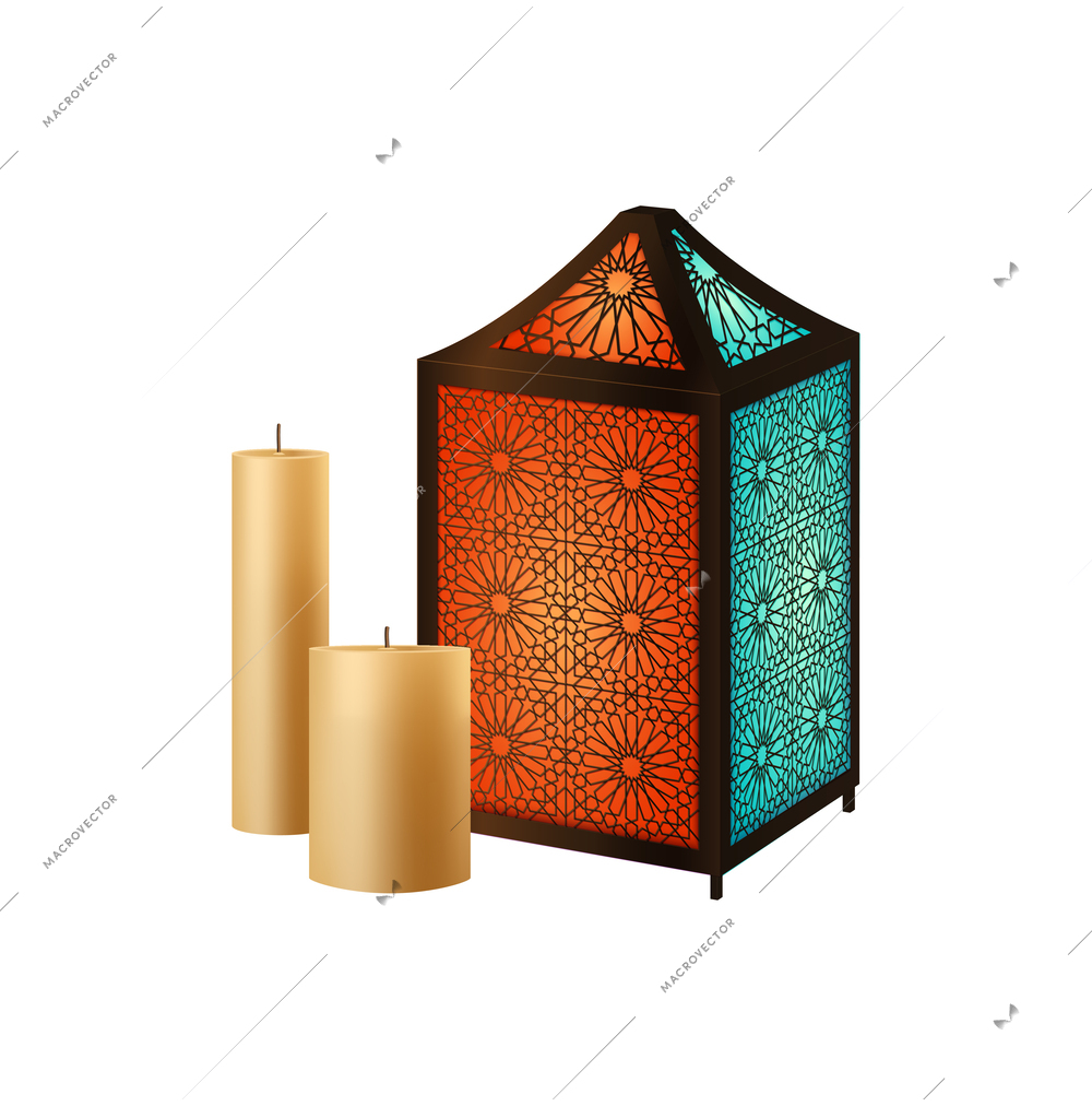 Realistic arabic ornamental lantern with two wax candles vector illustration