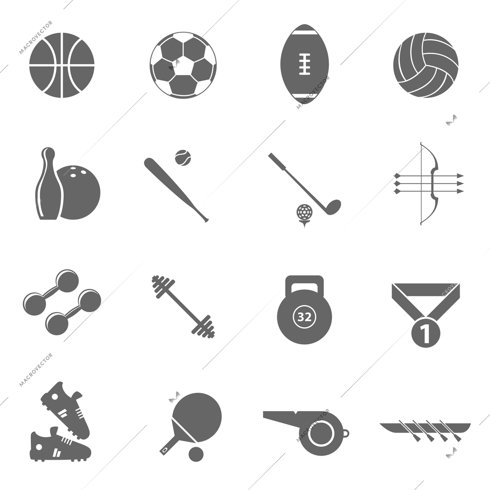 Sport symbols black icons collection with weightlifting barbells and table tennis winner medal abstract isolated vector illustration