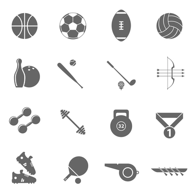 Sport symbols black icons collection with weightlifting barbells and table tennis winner medal abstract isolated vector illustration