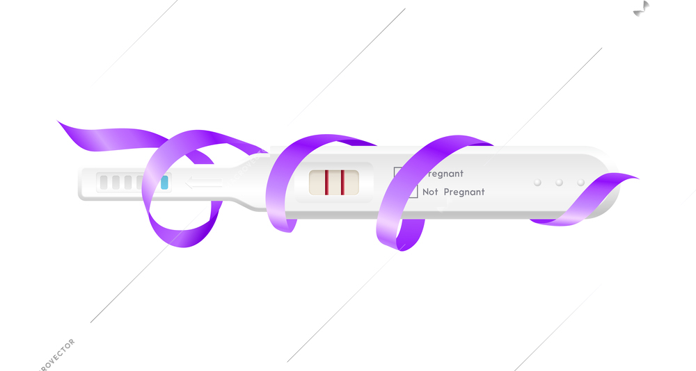 Realistic digital pregnancy test with two stripes and lilac ribbon vector illustration