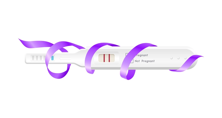 Realistic digital pregnancy test with two stripes and lilac ribbon vector illustration