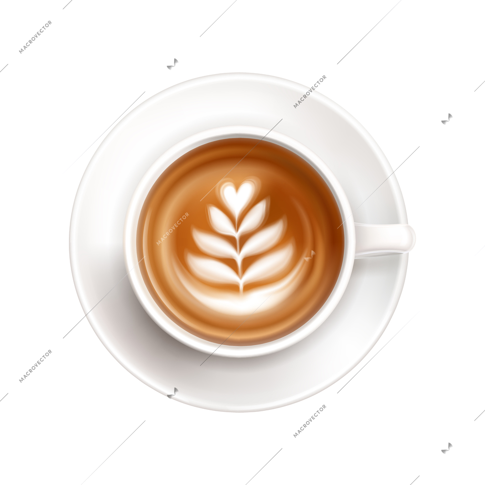 Realistic fresh coffee cup on saucer with latte art top view vector illustration