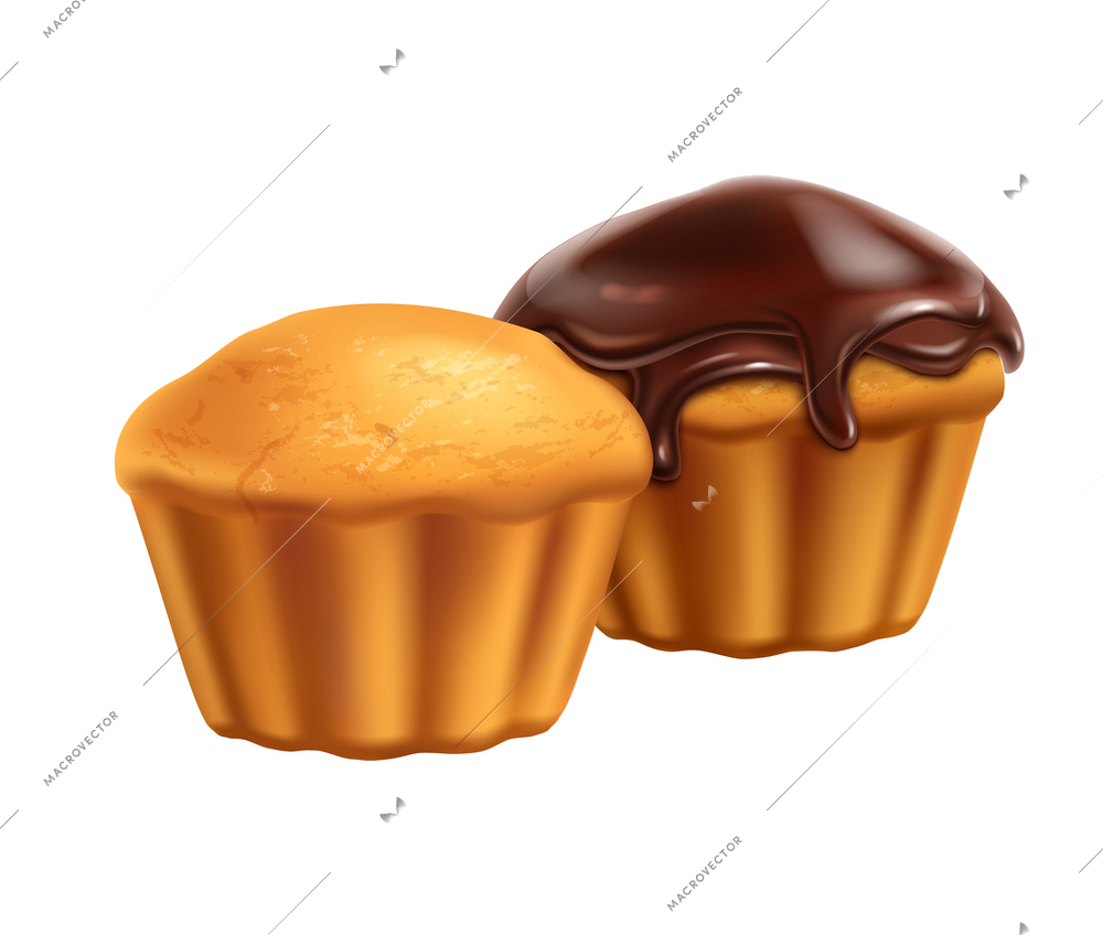 Realistic fresh muffins with and without chocolate topping vector illustration