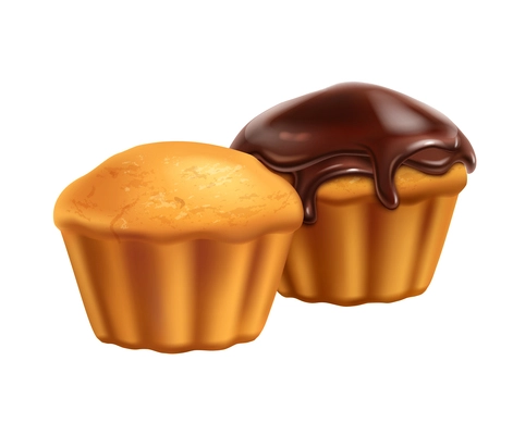 Realistic fresh muffins with and without chocolate topping vector illustration