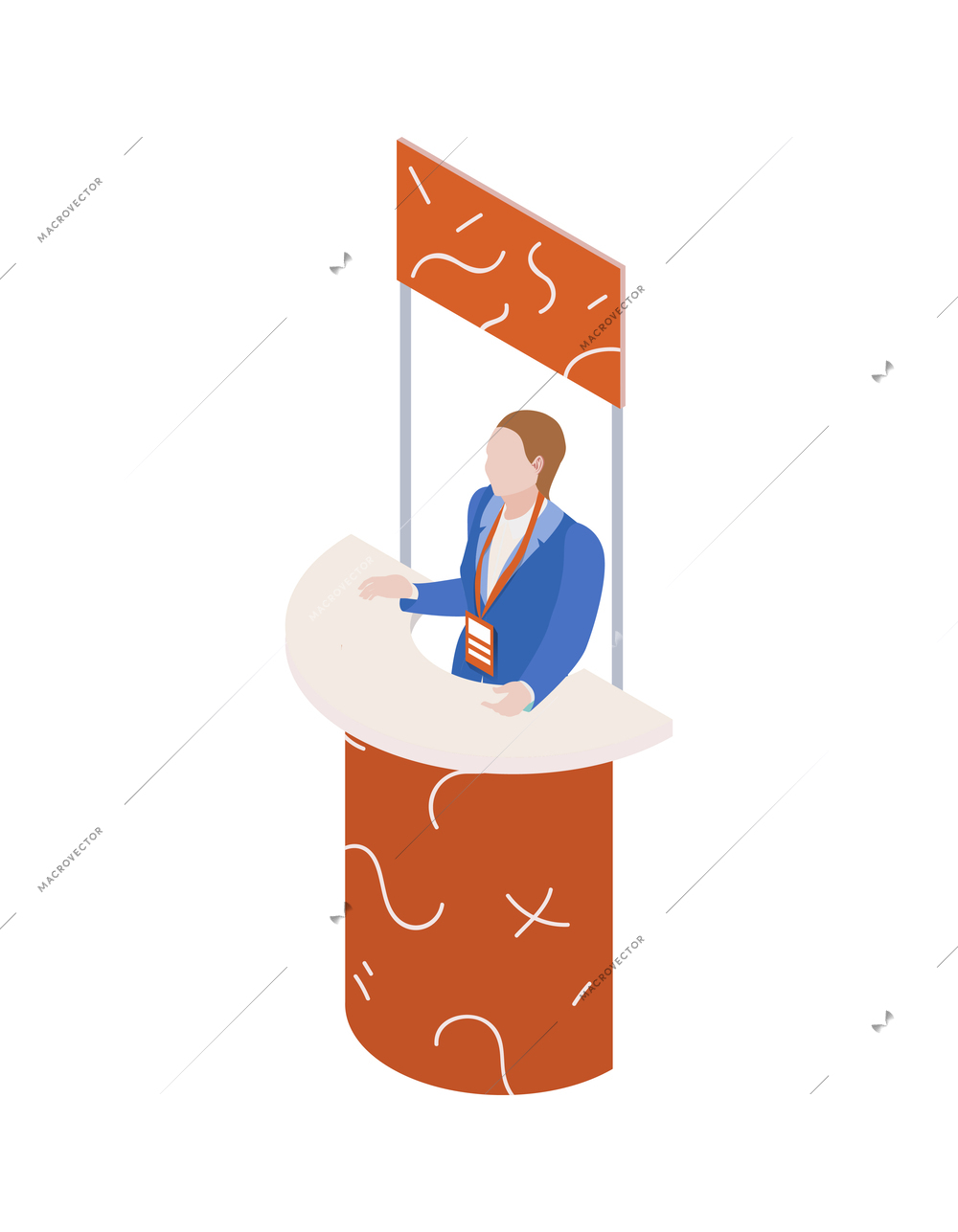 Expo trade exhibition stand with female company representative isometric icon vector illustration