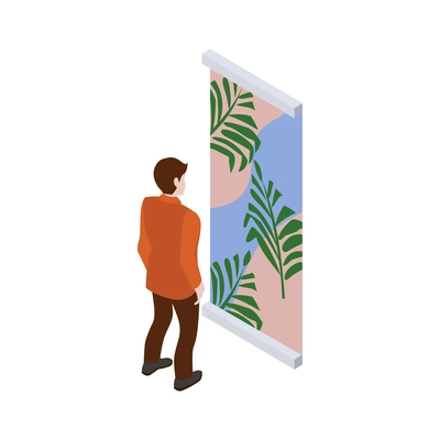 Isometric expo trade exhibition icon with man looking at stand with promotional poster vector illustration