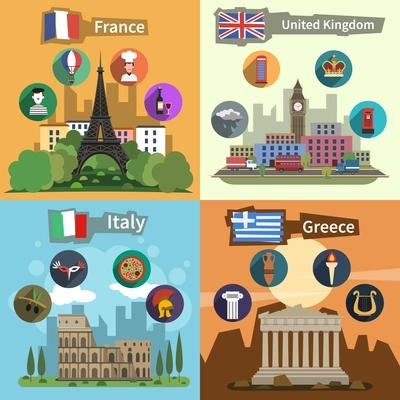 Historical landmarks sightseeing tours to greece france england and italy flat icons composition poster abstract vector illustration