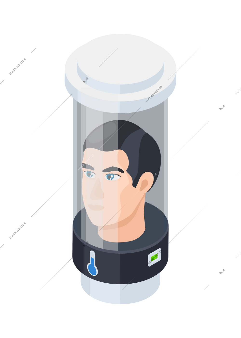 Cryonics cryogenics isometric icon with human head in cryocapsule vector illustration