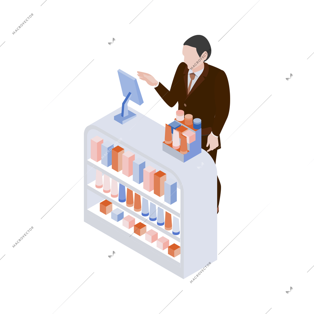 Isometric expo trade exhibition icon with male visitor looking at prodocts on promotional stand vector illustration