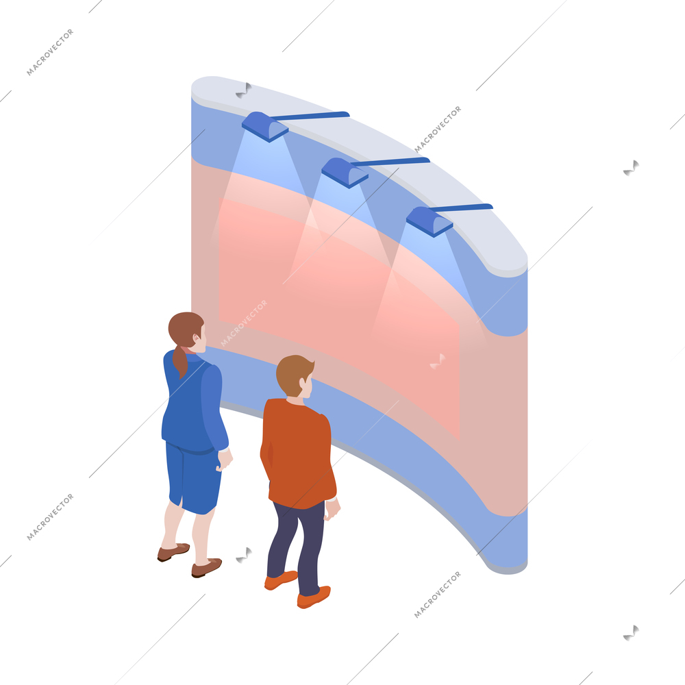 Isometric expo trade exhibition icon with visitors looking at promotional stand vector illustration