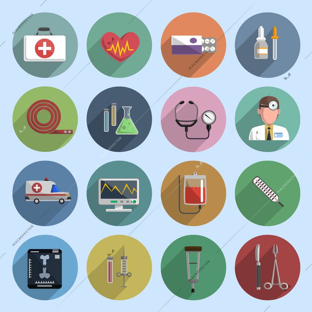 Multicolored medicine icon flat set on the blue background isolated vector illustration