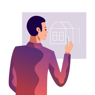 Male architect drawing blueprint with chalk flat vector illustration
