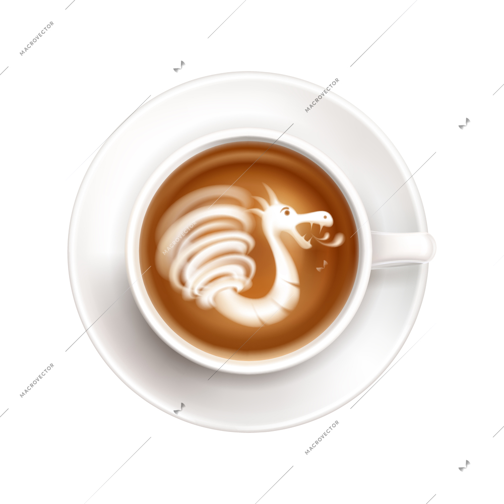 Cup of coffee on saucer with latte art top view with milk foam in shape of dragon realistic vector illustration