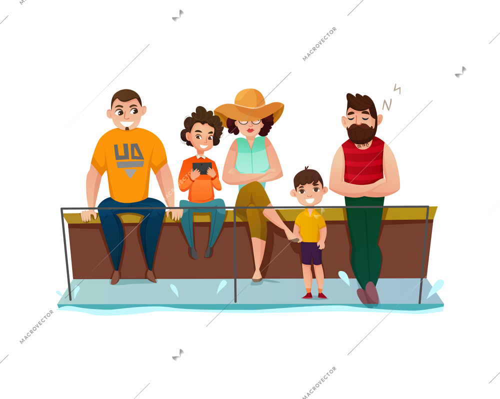 Dolphinarium visitors parents with happy children watching performance flat vector illustration
