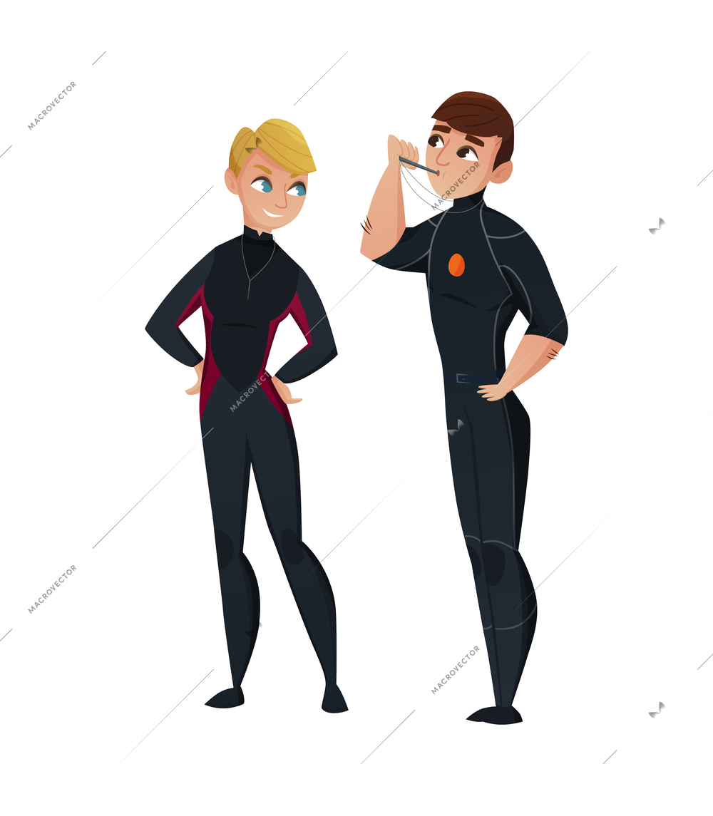 Dolphinarium trainers wearing special costumes flat vector illustration