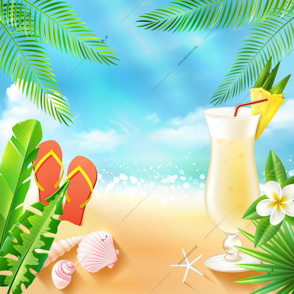 Tropical sea travel background with beach cocktail seashell and slippers vector illustration