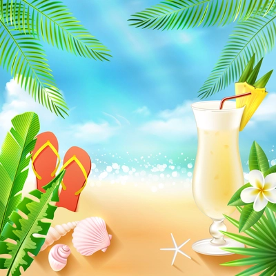 Tropical sea travel background with beach cocktail seashell and slippers vector illustration