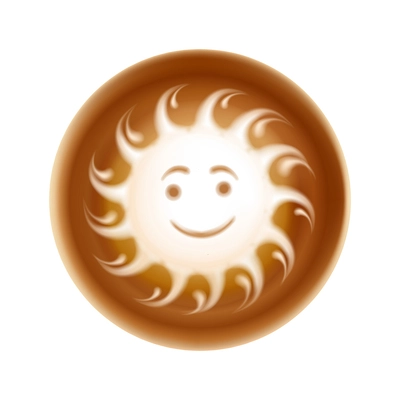 Realistic latte art icon with milk foam in shape of smiling sun top view vector illustration