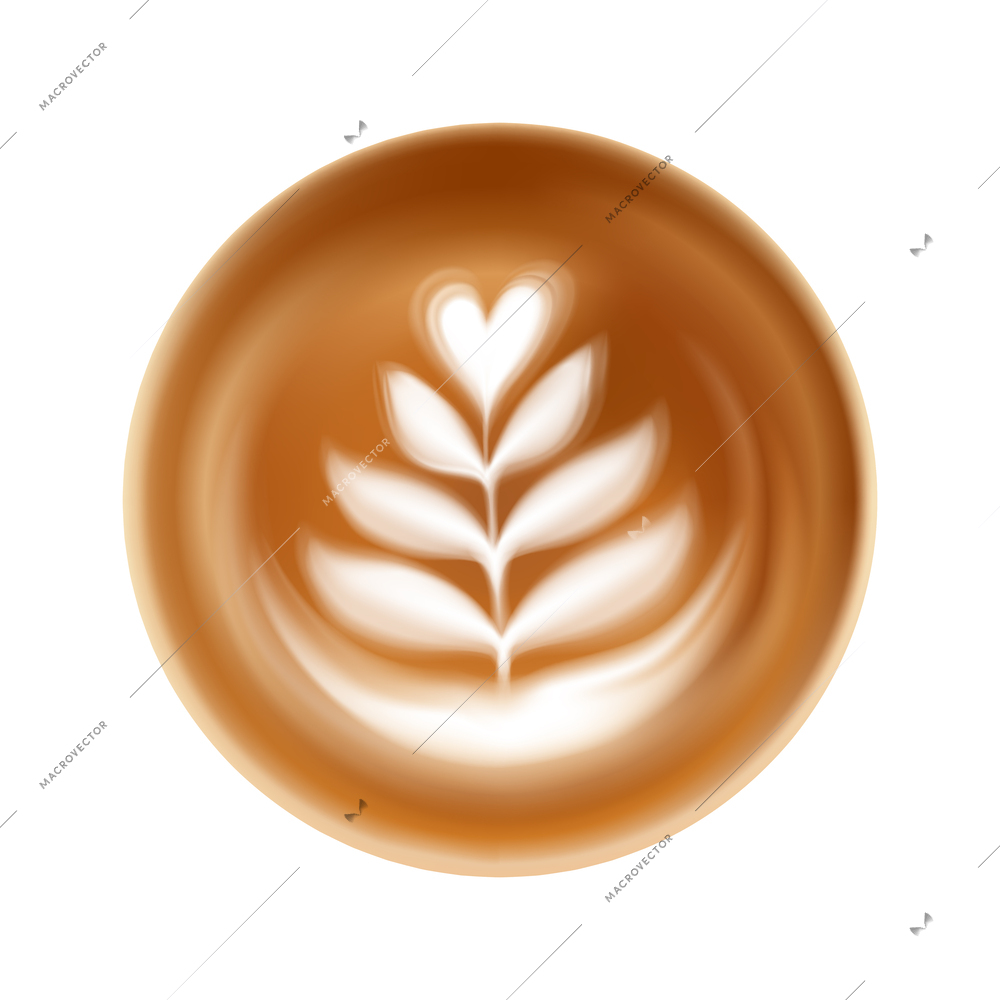 Realistic latte art icon with milk foam in shape of leaves top view vector illustration