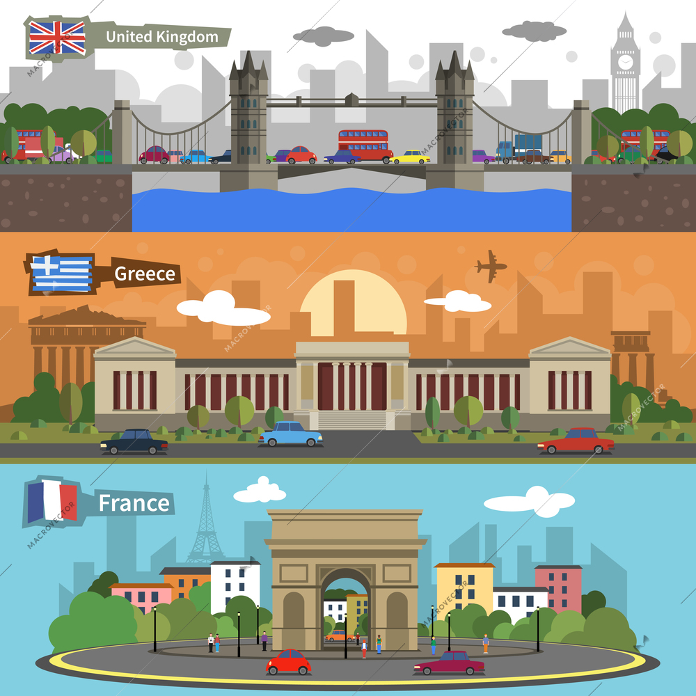 Historical landmarks famous skylines of paris london and athens horizontal banners set flat abstract isolated vector illustration