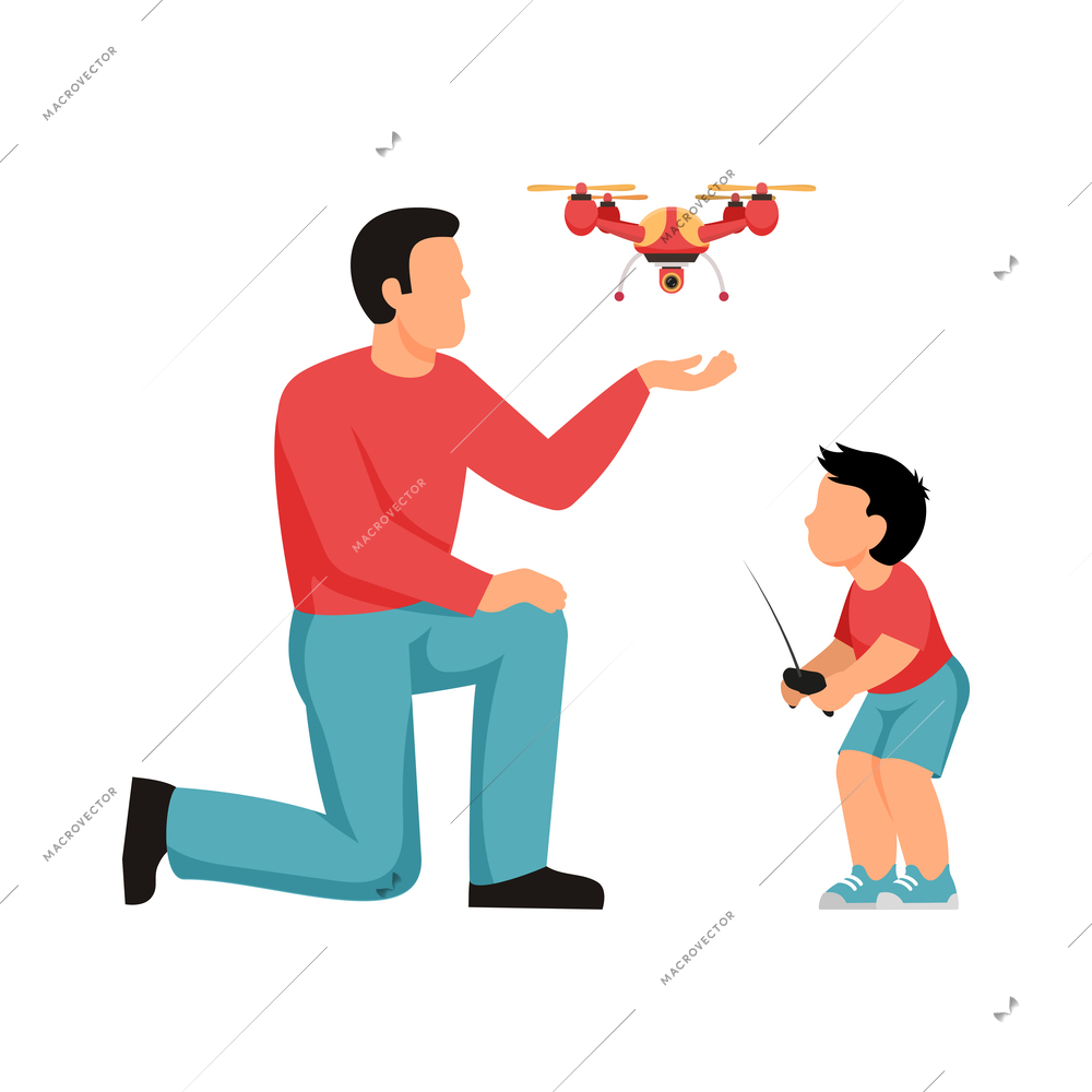Father flying drone with little son flat vector illustration