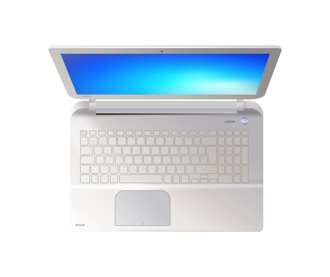 Realistic modern laptop with blue screen mockup top view vector illustration