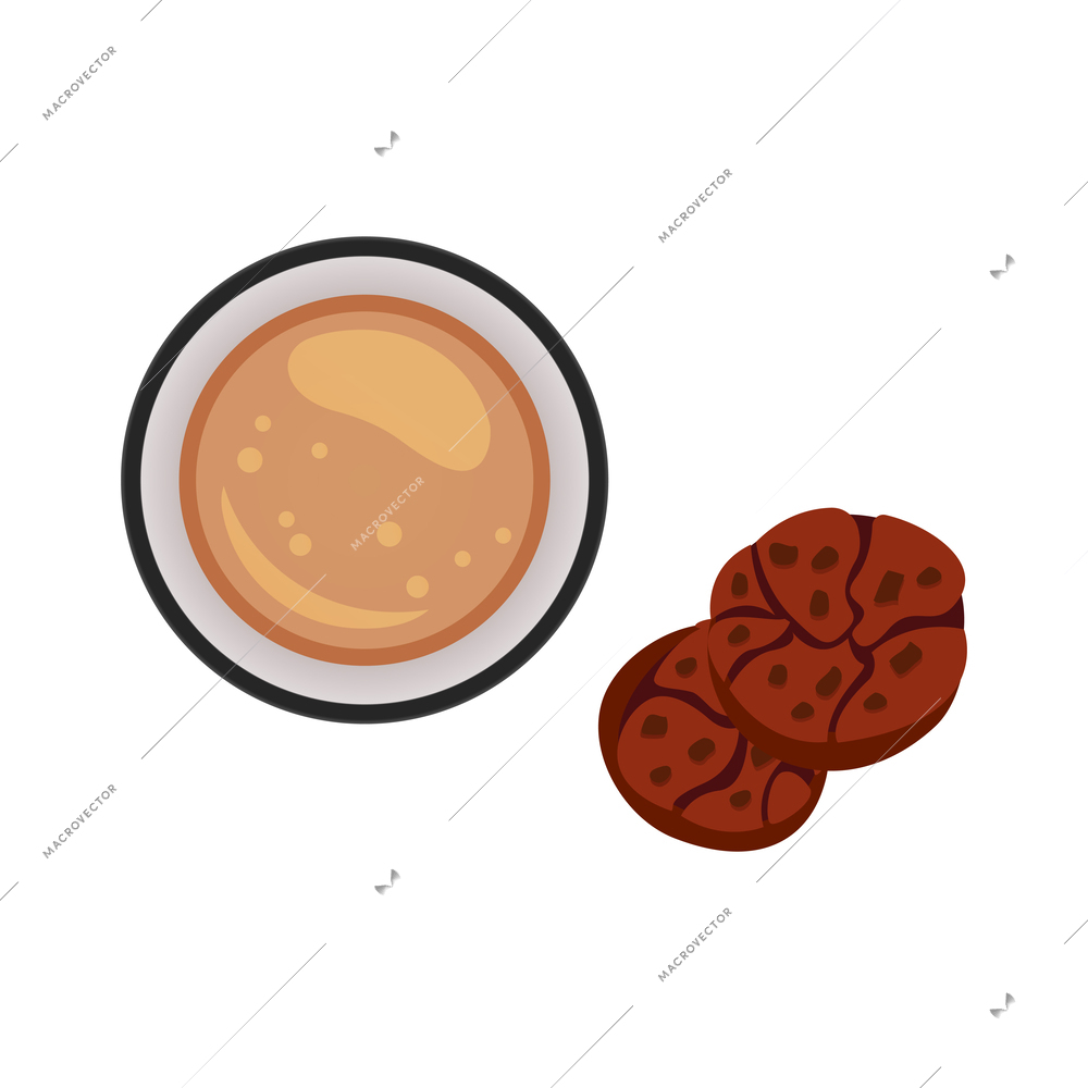 Breakfast flat icon with cookies and top view of hot chocolate or coffee vector illustration