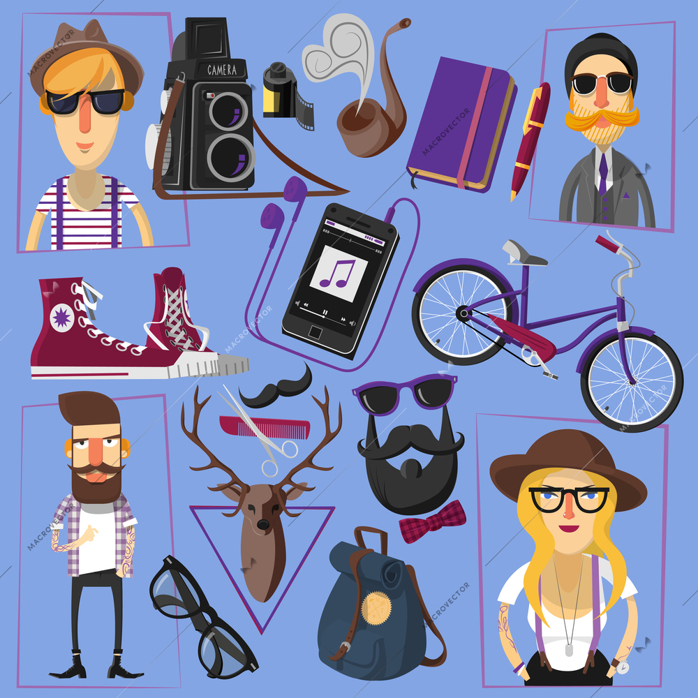 Casually and formally dressed hipster people in hats and fake mustache with accessories poster abstract vector illustration