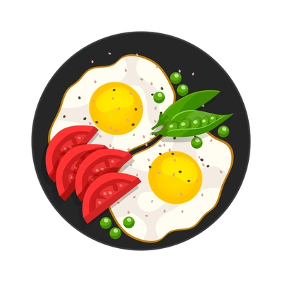 Healthy breakfast icon with fried eggs tomatoes peas on black plate flat vector illustration