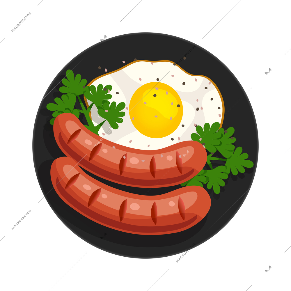 Breakfast flat icon with fried egg and sausages on black plate vector illustration