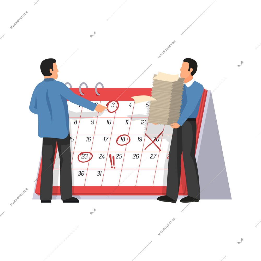 Business time management flat concept with calendar and two people planning work vector illustration