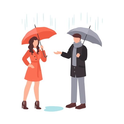 Rainy weather flat concept with people chatting under umbrellas on autumn day vector illustration