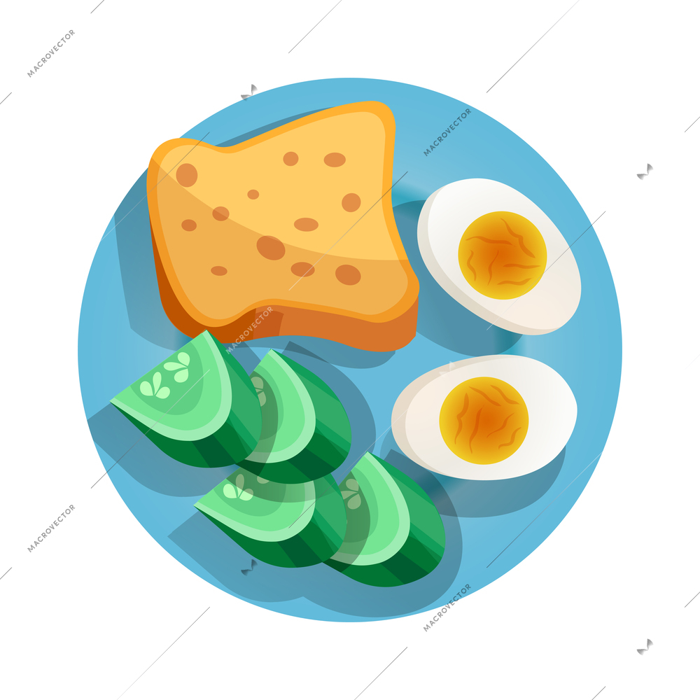 Flat healthy breakfast icon with boiled egg toast and cucumber on blue plate vector illustration