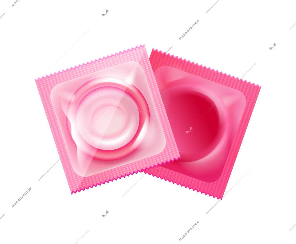 Two realistic condoms in pink packages vector illustration