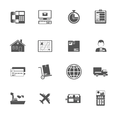 Logistic and shipping flat black and white icon collection isolated vector illustration.