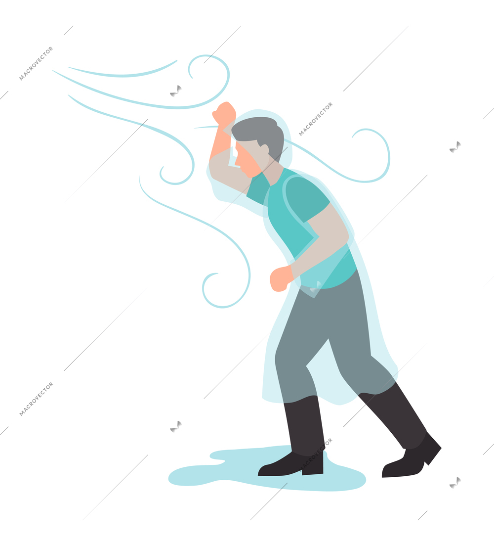 Rainy weather flat concept with man in plastic raincoat walking under strong wind vector illustration