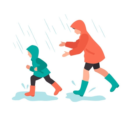 Bad rainy weather flat concept with people wearing wellingtons running across puddles vector illustration