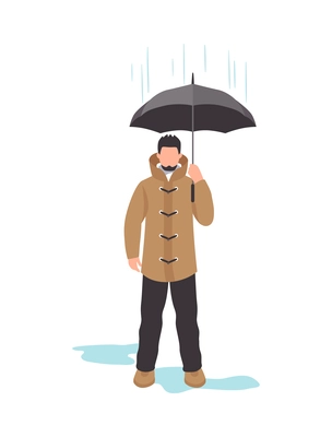 Rainy weather concept with man standing under umbrella flat vector illustration