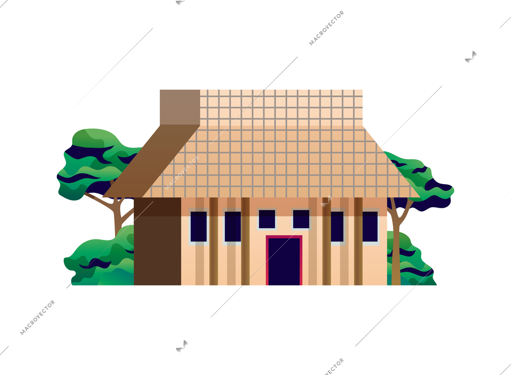 Flat vietnamese house building with green trees vector illustration