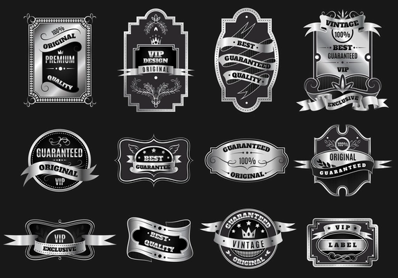 Original retro best quality old fashioned silver on black emblems pictograms set abstract graphic vector isolated illustration