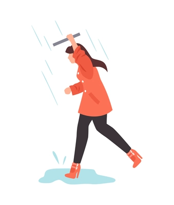 Bad rainy weather flat concept with running woman trying not to get wet vector illustration