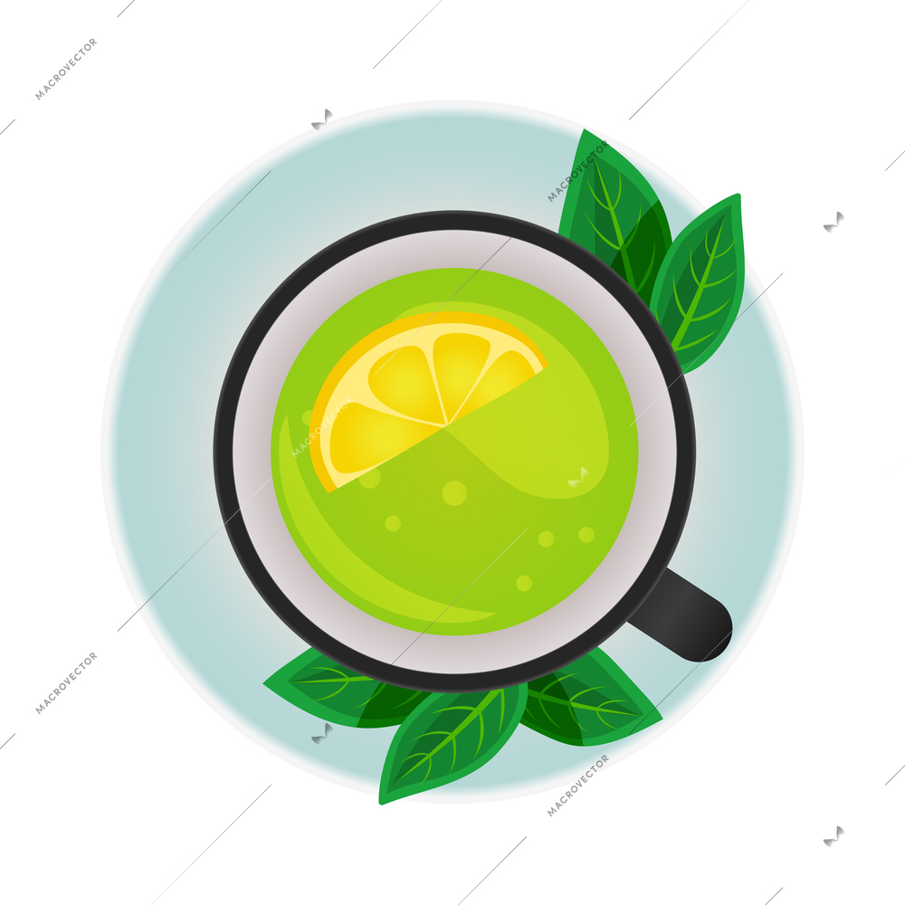 Cup of green tea with lemon and leaves on saucer top view flat vector illustration