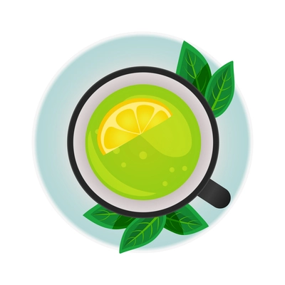 Cup of green tea with lemon and leaves on saucer top view flat vector illustration