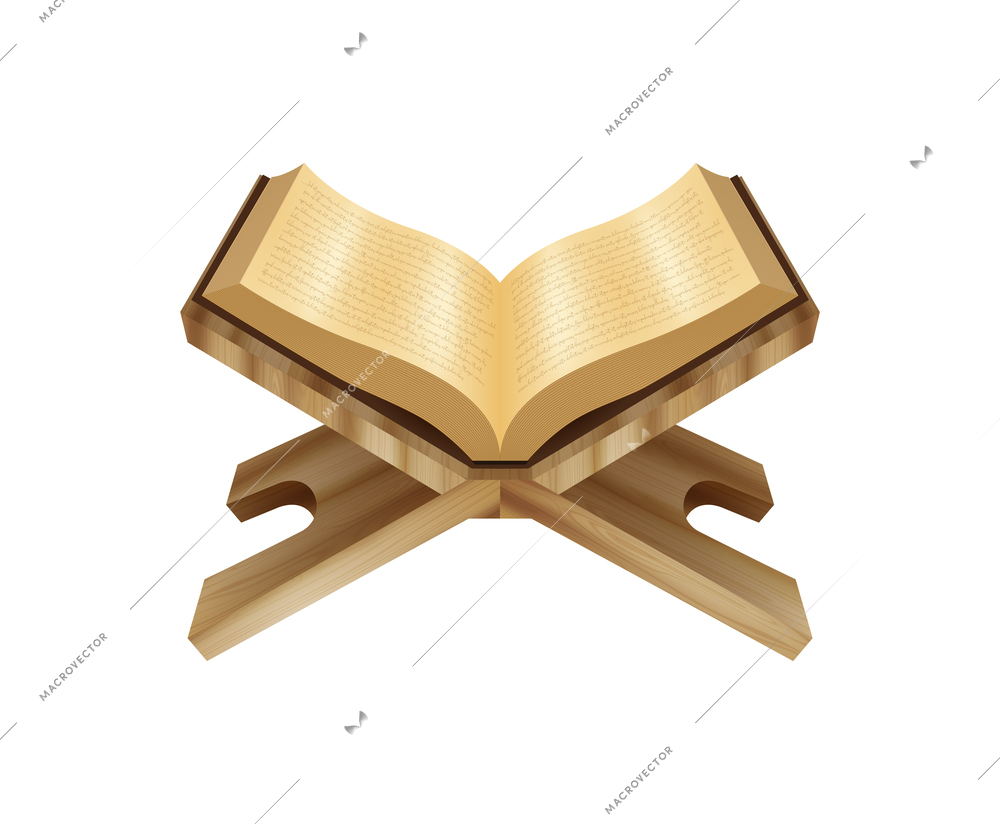 Shiny golden holy quran book on wooden holder realistic vector illustration