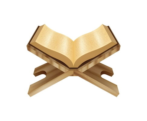 Shiny golden holy quran book on wooden holder realistic vector illustration