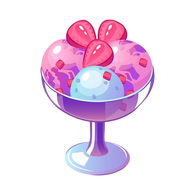 Scoops of ice cream with strawberries in glass bowl flat vector illustration