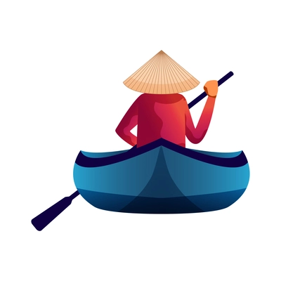 Vietnamese man wearing non la in fishing boat with paddle back view flat vector illustration