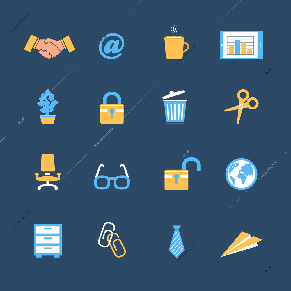 Business office stationery icons set of chair safe table and lock isolated vector illustration