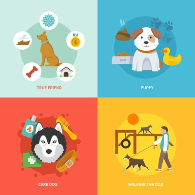 Dog design concept set with true friend puppy care flat icons isolated vector illustration