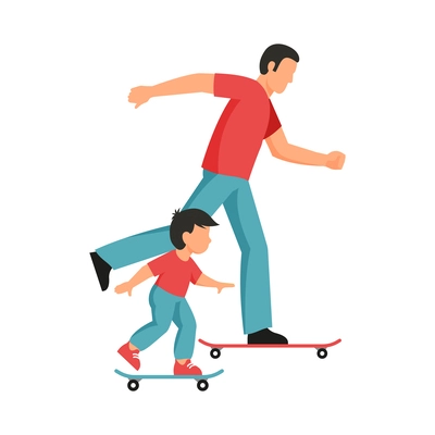 Father with his little son skateboarding together flat vector illustration